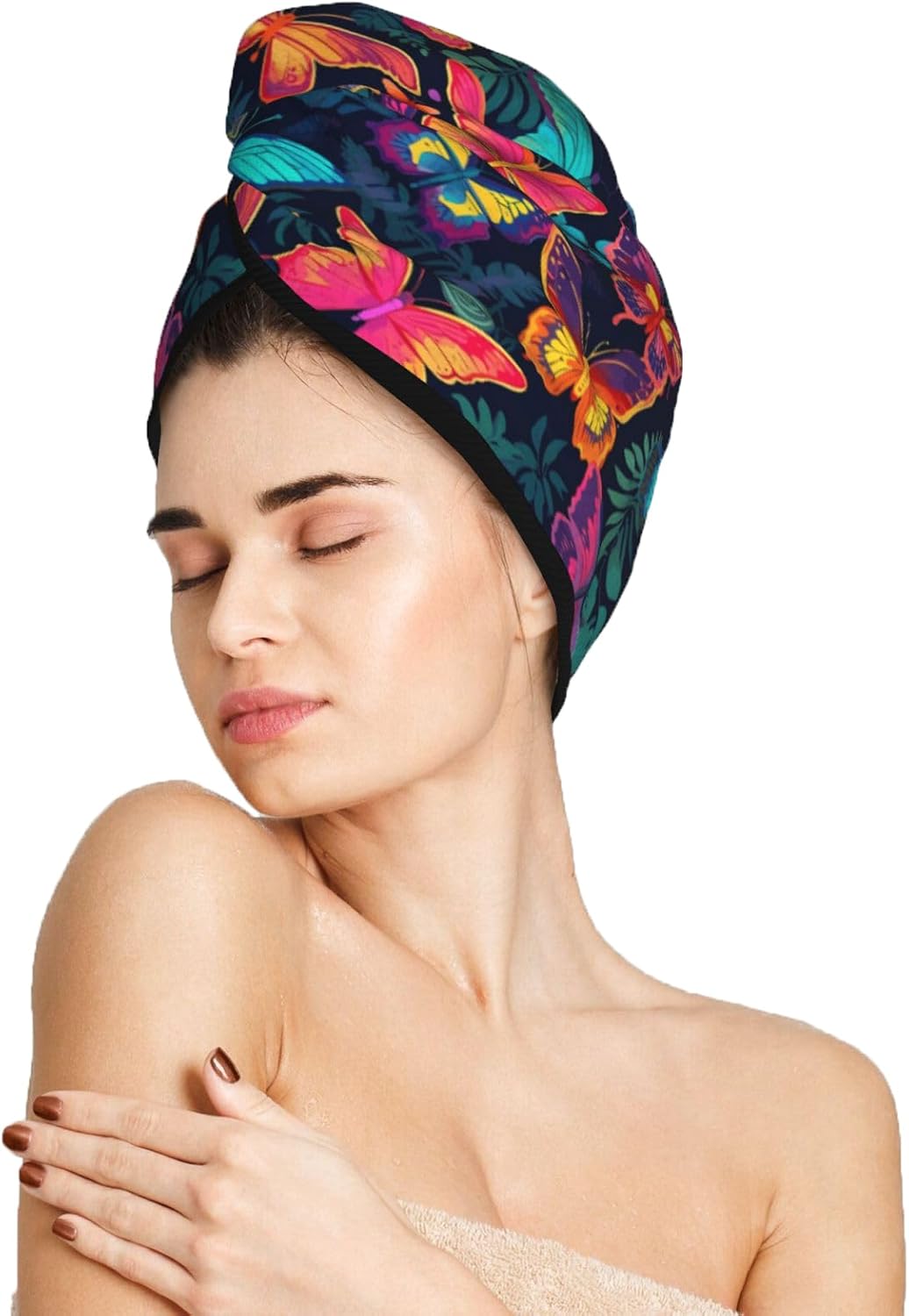 Butterfly Hair Towel Wrap Microfiber Fast Drying Hair Turban with Buttons for Women Drying Curly, Long & Thick Hair