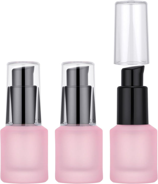 Segbeauty 0.5oz Frosted Glass Lotion Pump Bottles, 3pcs Refillable Travel Size Containers for Lotions, 15ml Pink Glass Small Travel Containers for Creams, Mini Hair Oil Bottle Pump Dispenser Empty