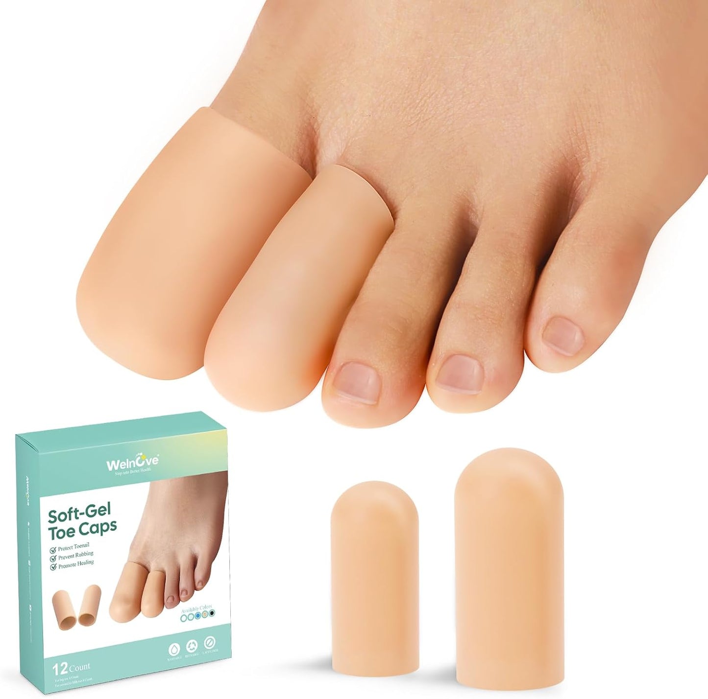 Welnove Gel Toe Cap and Protector - Silicone Toe Covers - Toe Cushions for Pain Relief, Missing or Ingrown Toenails, Corns, Calluses, Blisters (4 Large + 8 Medium, Beige), FSA or HSA Eligible