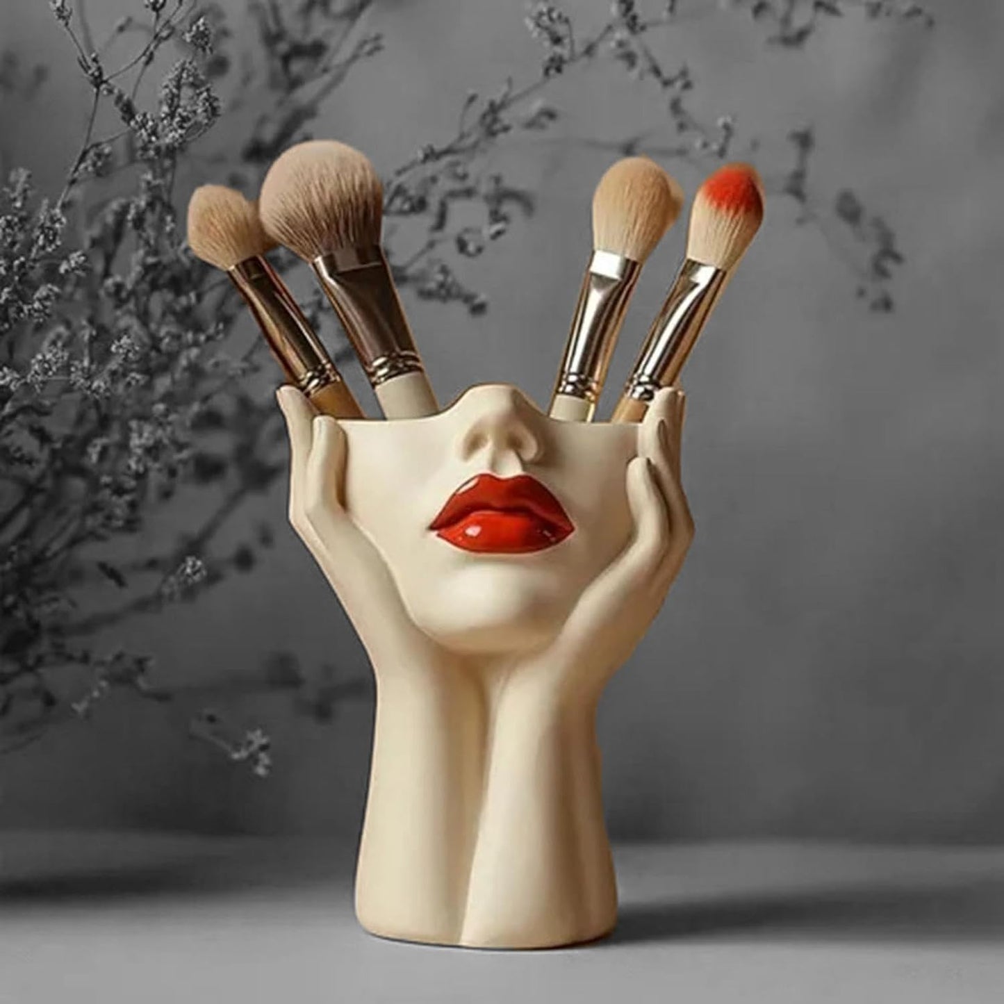 Makeup Brush Organizer, Boho Women Head Shape Sculpture, Modern Desk Decor Pen Holder, White Female Face Vase Bookshelf Decor, Office Shelf Organizer for Vanity, Living Room, Home (Beige 1)