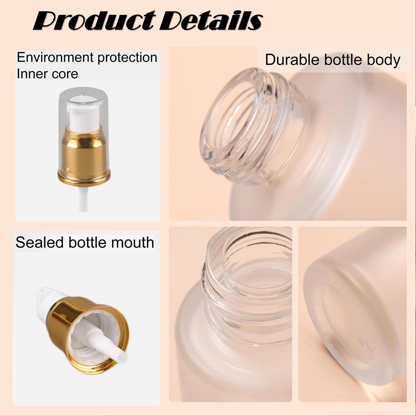 6Pcs Refillable Frosted Glass Lotion Pump Bottles Empty Comestic Bottles Travel Containers 20ml/0.67Oz with Pump Dispensers For Makeup Cream Emulsion Lotion Essential Oils(Golden caps)