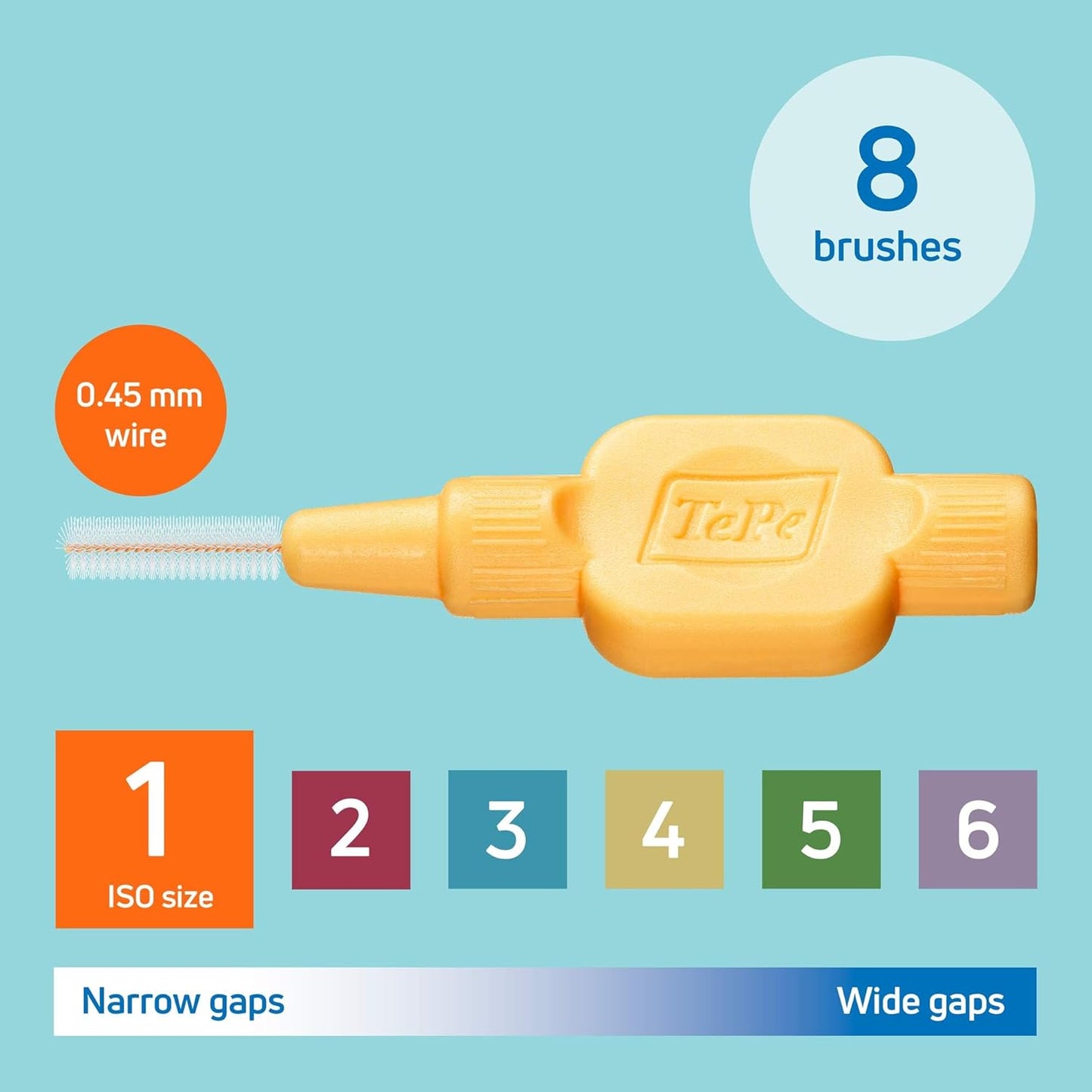 TePe Interdental Brush Extra Soft, Supersoft Dental Brush for Teeth Cleaning, Pack of 8, 0.45 mm, Extra-Small/Small Gaps, Orange, Size 1
