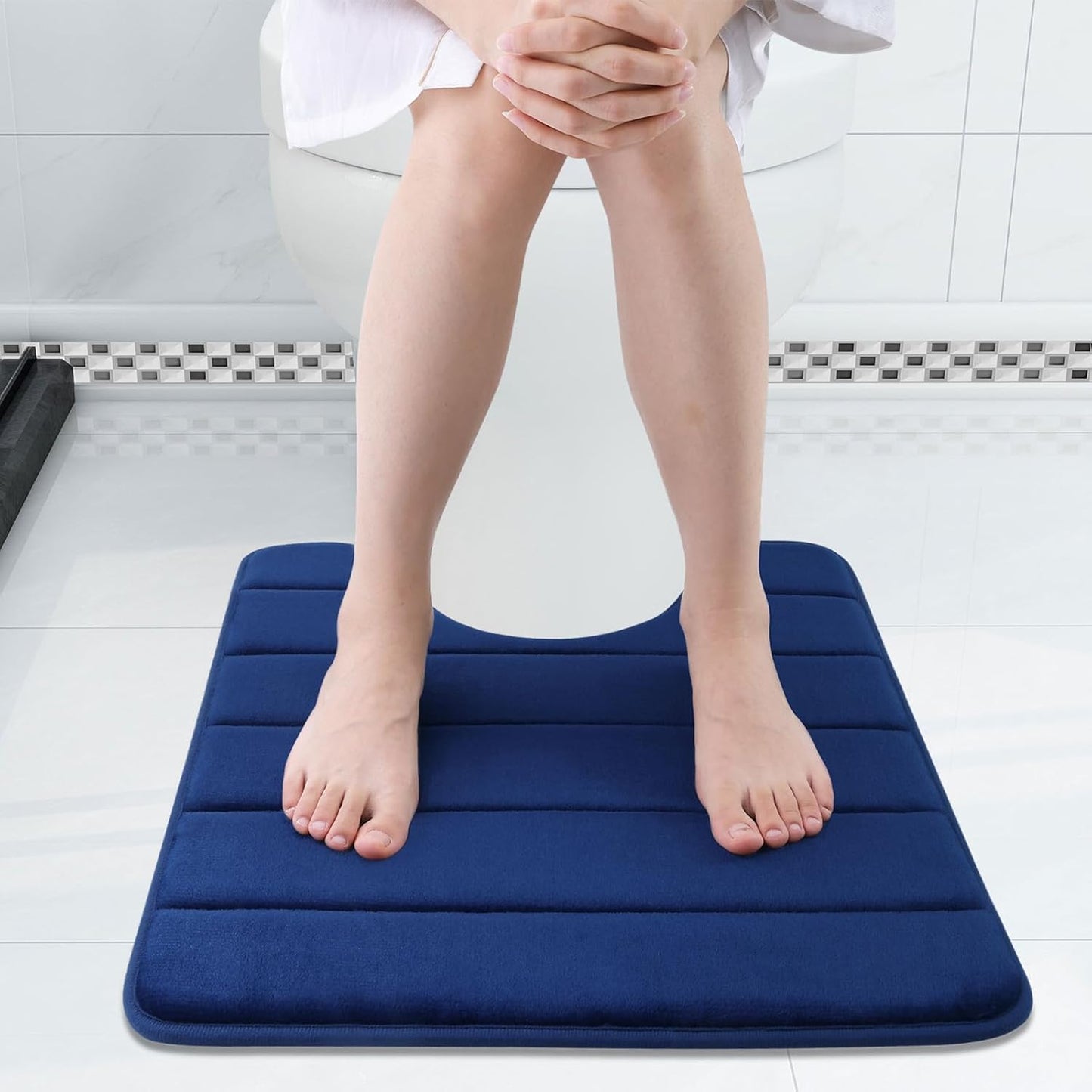 Buganda Memory Foam U-Shaped Contour Toilet Rugs, Non Slip Absorbent, Thick Soft Washable Bathroom Mat, Floor Carpet Bath Rugs Mat for Toilet Base (20" x 20", Navy Blue)