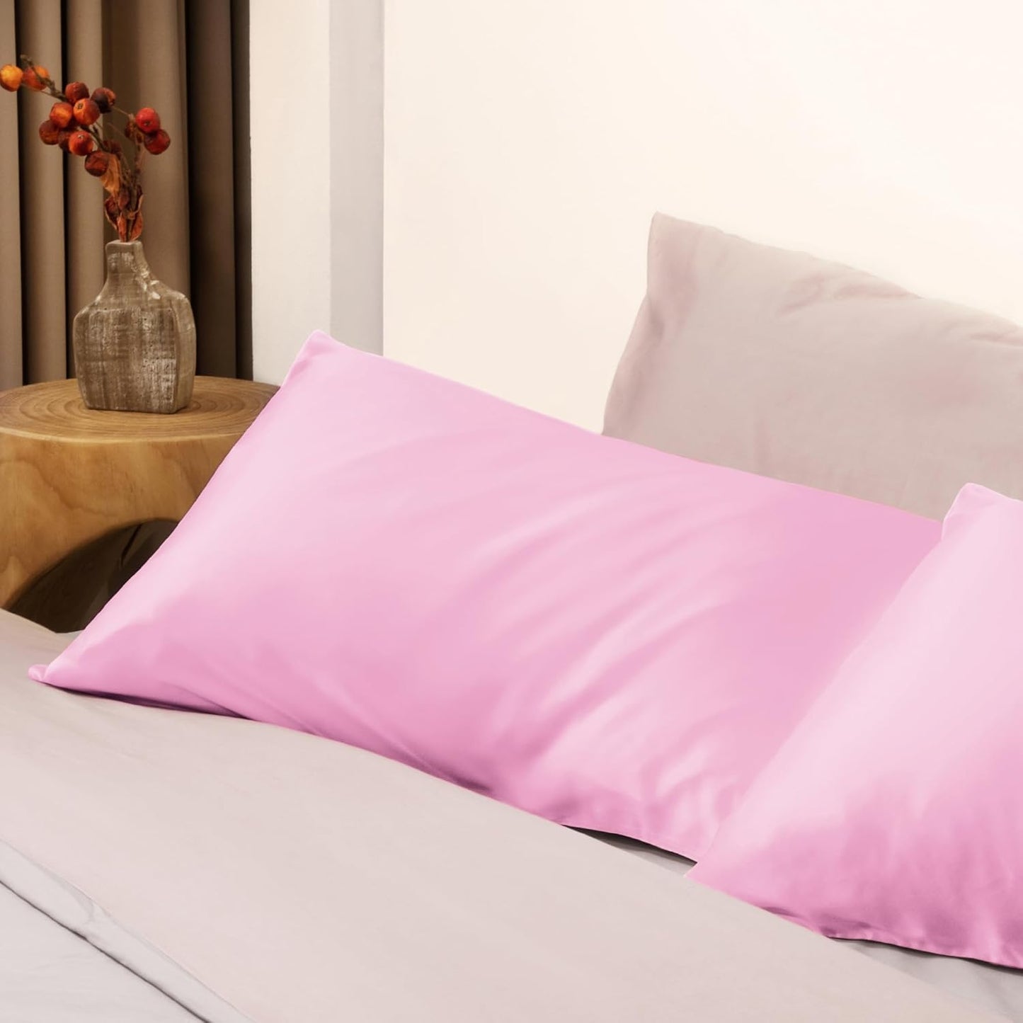 EXQ Home Silky Satin Pillowcase for Hair and Skin,Soft Cooling Pillow Cases Queen Size Set of 2 Satin Pillow Case with Envelope Closure Pink