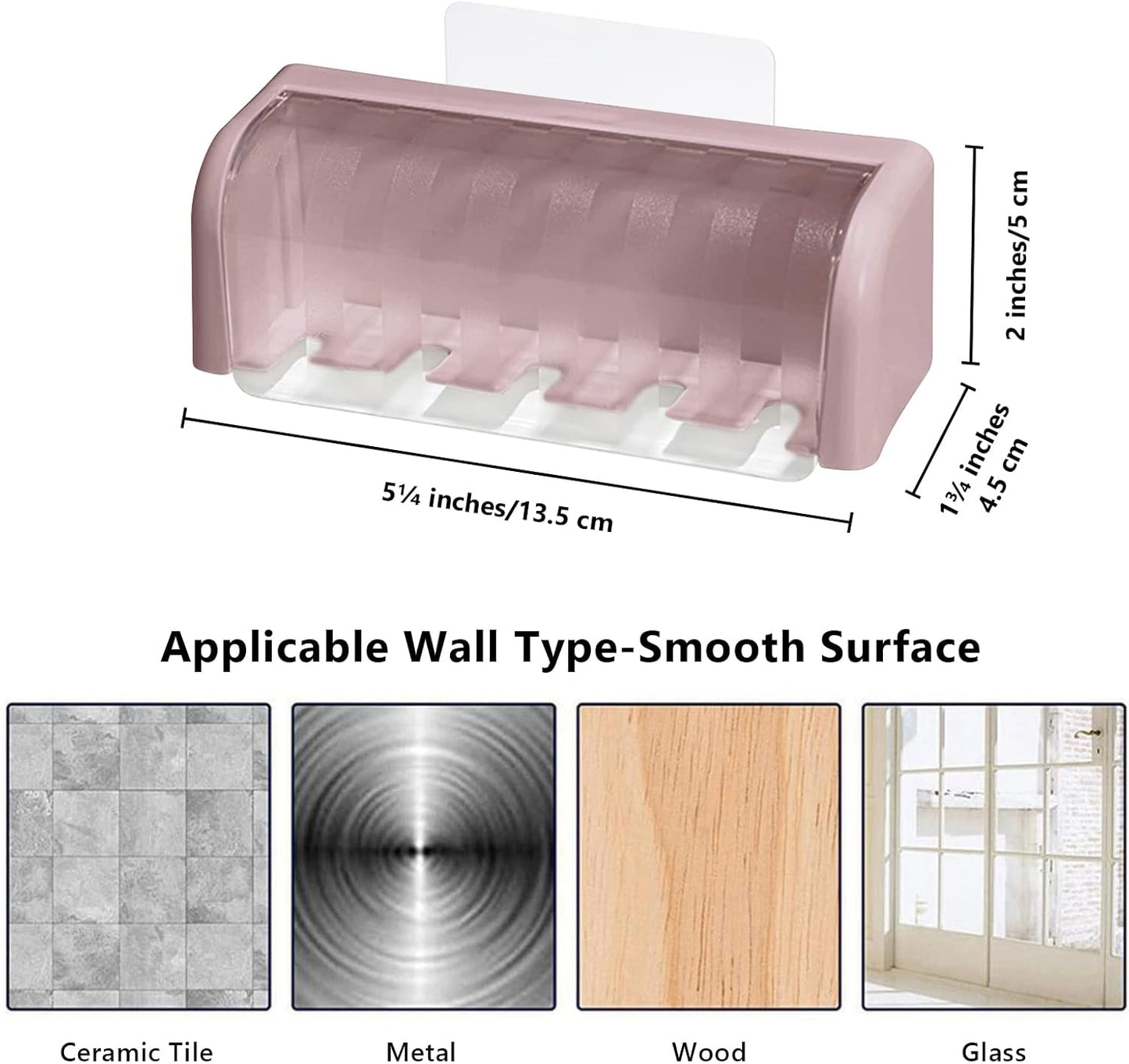 5 Slots Toothbrush Holder Wall Mount with Cover, Self Adhesive Toothbrushes Storage Organizer Perfect for Dorm Bathrooms and Shower, Holds 5 Toothbrushes. (Pink)