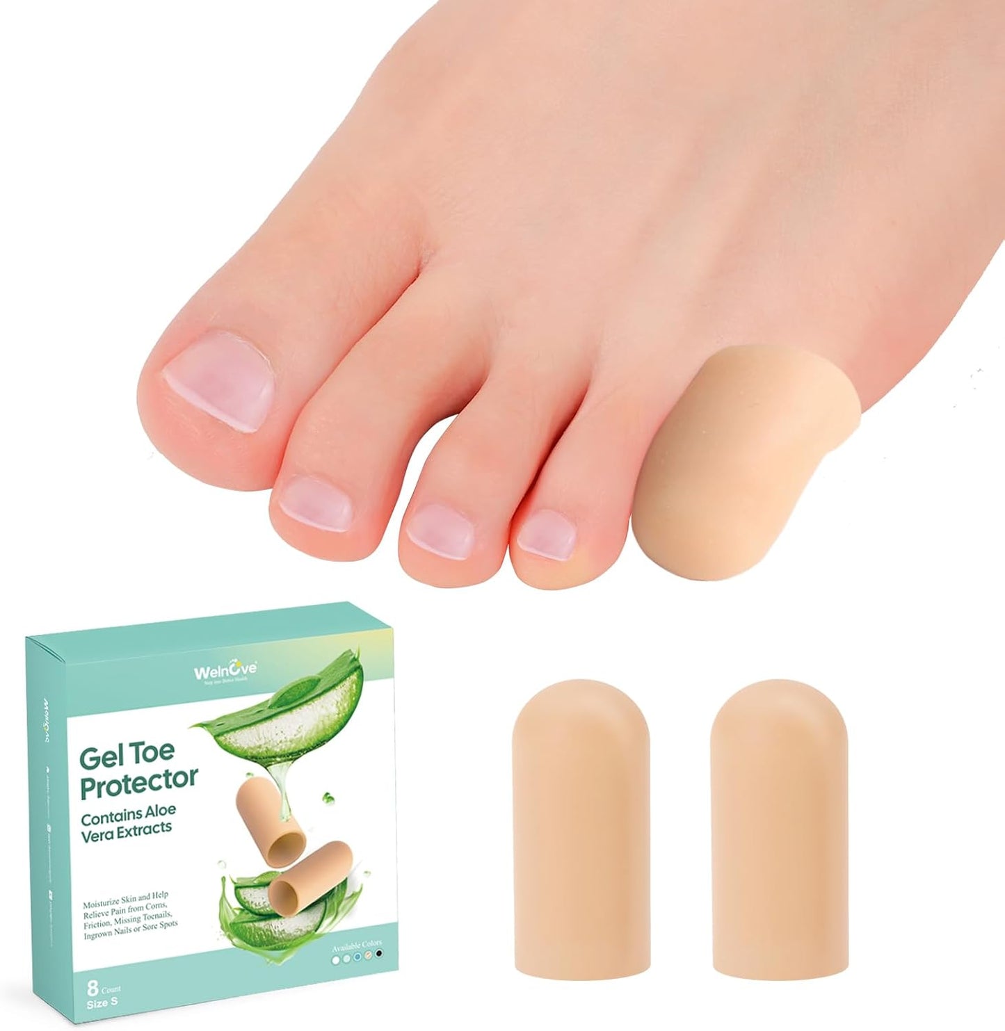 Welnove Gel Toe Cap and Protector - Silicone Toe Covers - Toe Cushions for Pain Relief, Missing or Ingrown Toenails, Corns, Calluses, Blisters (8 Small, Beige)