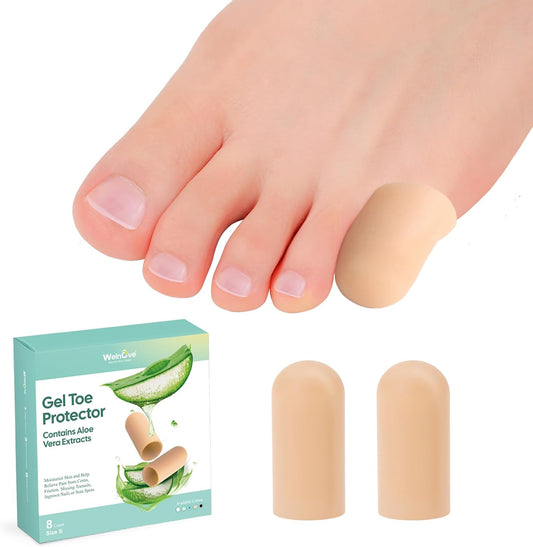 Welnove Gel Toe Cap and Protector - Silicone Toe Covers - Toe Cushions for Pain Relief, Missing or Ingrown Toenails, Corns, Calluses, Blisters (8 Small, Beige)
