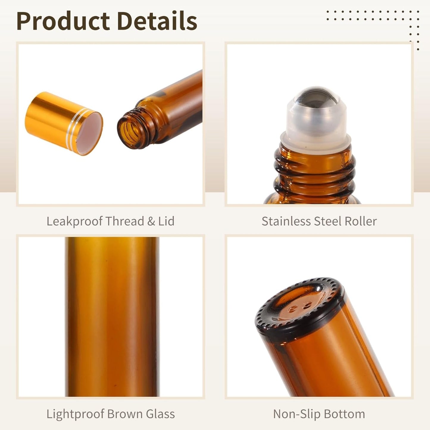 100 PCS 10 ml Amber Roller Bottles for Essential Oils - Empty Brown Glass Bottle, Refillable Roll on, Portable Travel Perfume Leakproof With Stainless Steel Ball