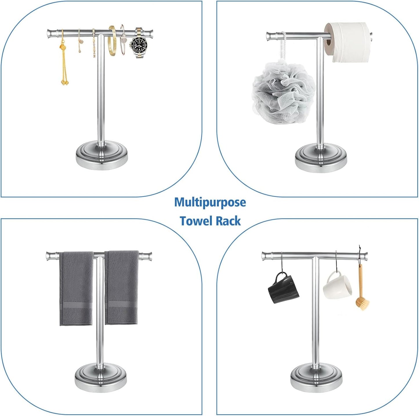 RUMOSE 13 Inch Polished Chrome Towel Stand Hand Towel Holder Bathroom Kitchen Vanity Countertop T-Shape Towel Rack Free Standing Stainless Steel Towel Bar Towel Ring