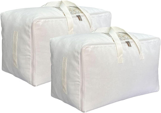 Soft Large Canvas Comforter Storage Bags with Four Carrying Handles and Clear Window, Closet Organizer for Clothing, Blankets Sheets Pillows and Bedding, 80L, 2 Pack, White