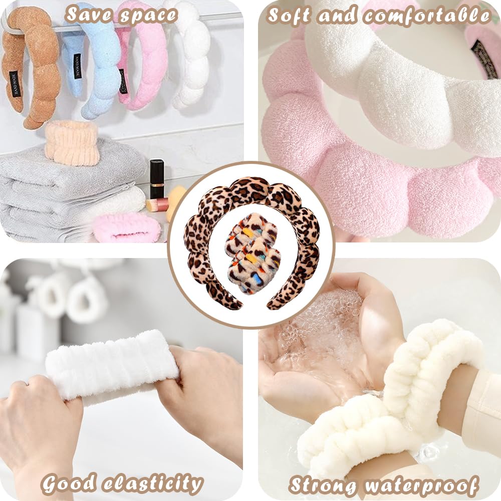 Spa Headbands for Washing Face Wristband Set Sponge Makeup Skincare Headband Wrist Towels Bubble Soft Terry Towel Cloth Hairband for Women Puffy Headwear Non Slip Thick Thin Hair Headwear (Leopard)