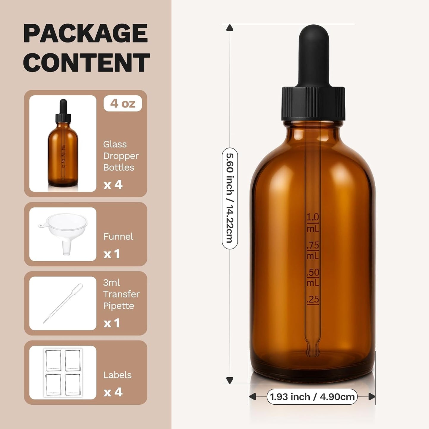 Bumobum Dropper Bottle, 4 oz Amber Glass Dropper Bottle with Measured Dropper, Empty Eye Tincture Bottles with Funnel, Pipette & Labels for Essential Hair Oils Serums, 4 Pack