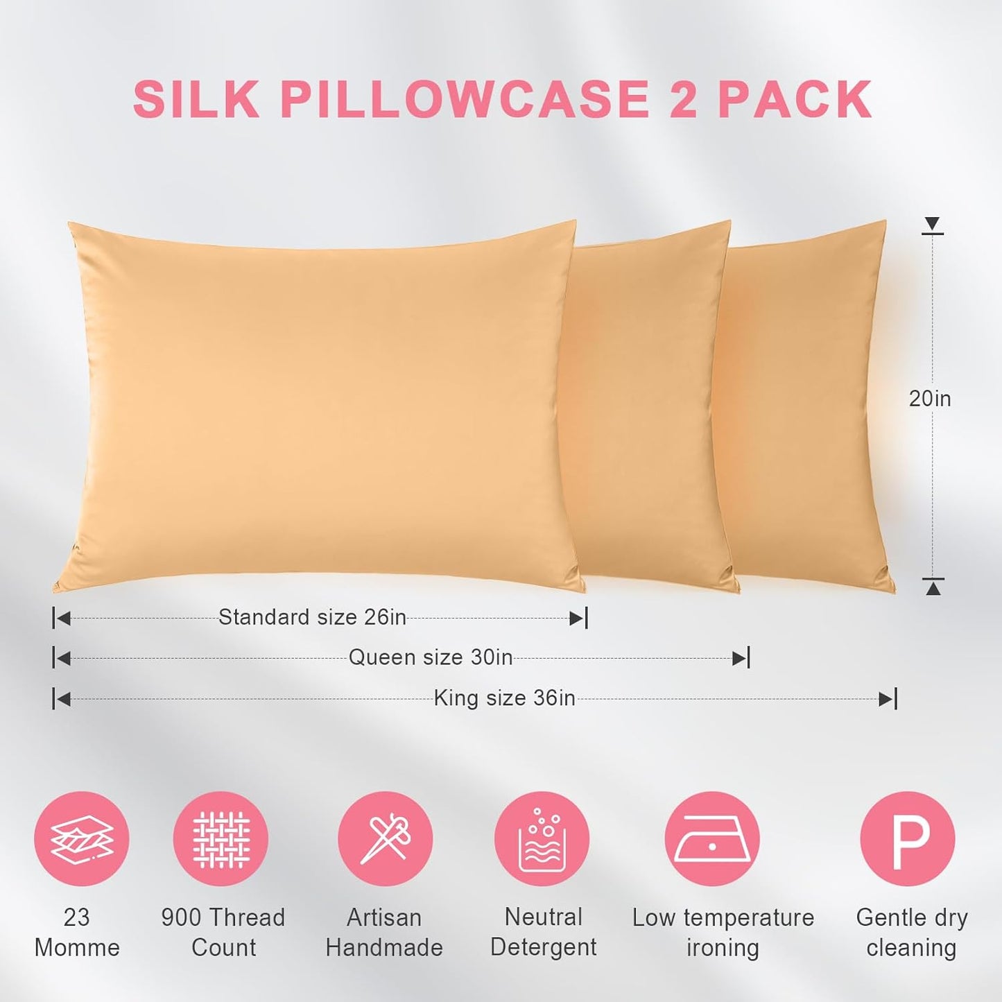 100% Silk Pillowcase 2 Pack for Hair and Skin, Both Sides 23 Momme Grade 6A+ Mulberry Silk Pillowcases with Hidden Zipper, Soft&Smooth Cooling Pillow Cases (Champagne, King 20×36)