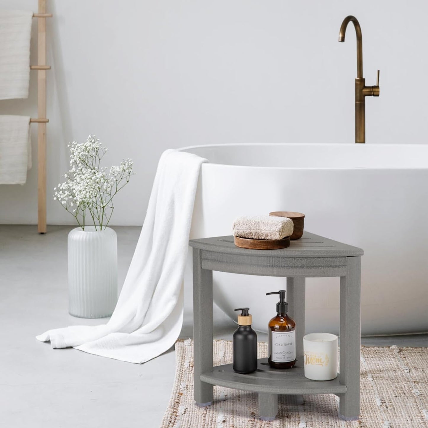 HDPE Corner Shower Stool,Shower Bench Seat with Storage Shelf for Shaving Legs Plastic Spa Bath Step Foot Rest for Bathroom Small Place (Grey)