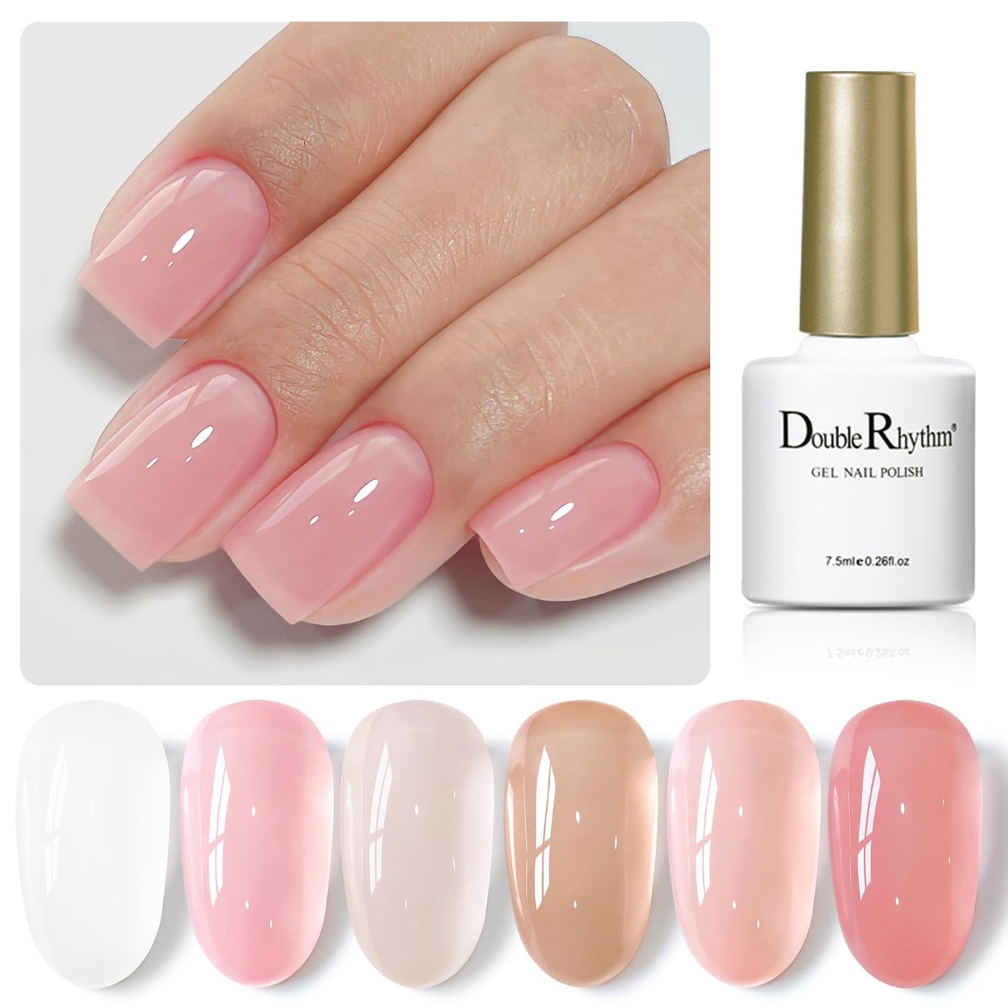 Double Rhythm Gel Nail Polish Set of 6 Colors Baby Light Pastel Milky Nail Polish Starter Kit Art DIY Salon Home (Jelly Sheer Pink Nude White,Kit37)