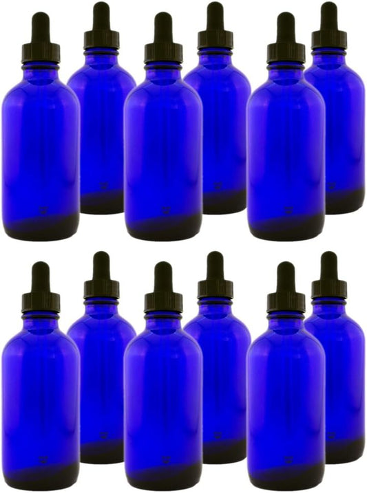 Pack of 12 - 4oz Cobalt Blue Glass Bottle with Glass Dropper - GreenHealth