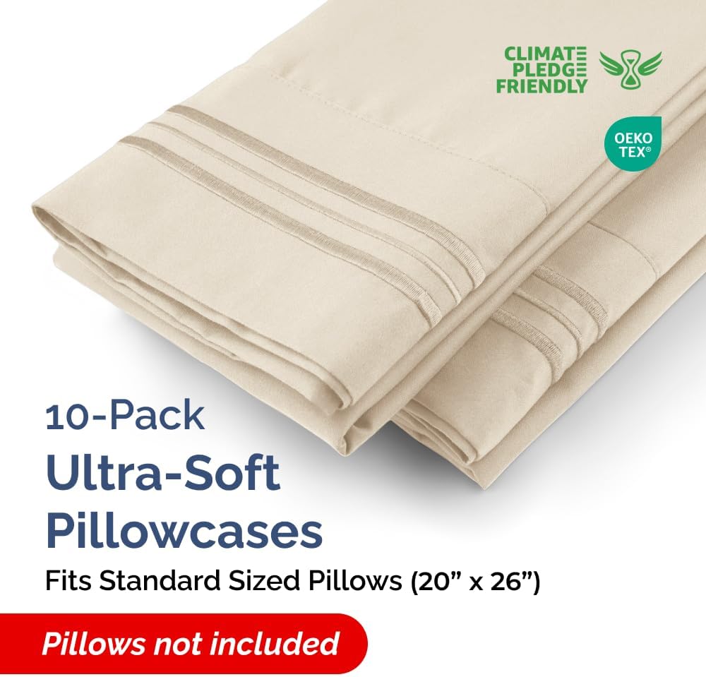 Standard Pillow Cases Set of 10 - Ultra Soft Hotel Quality Pillowcase Covers - Comfy, Cozy & Wrinkle Free - Shrink, Stain and Fade Resistant - Machine Washable Pillow Protectors - 10 Pcs Set - Wheat
