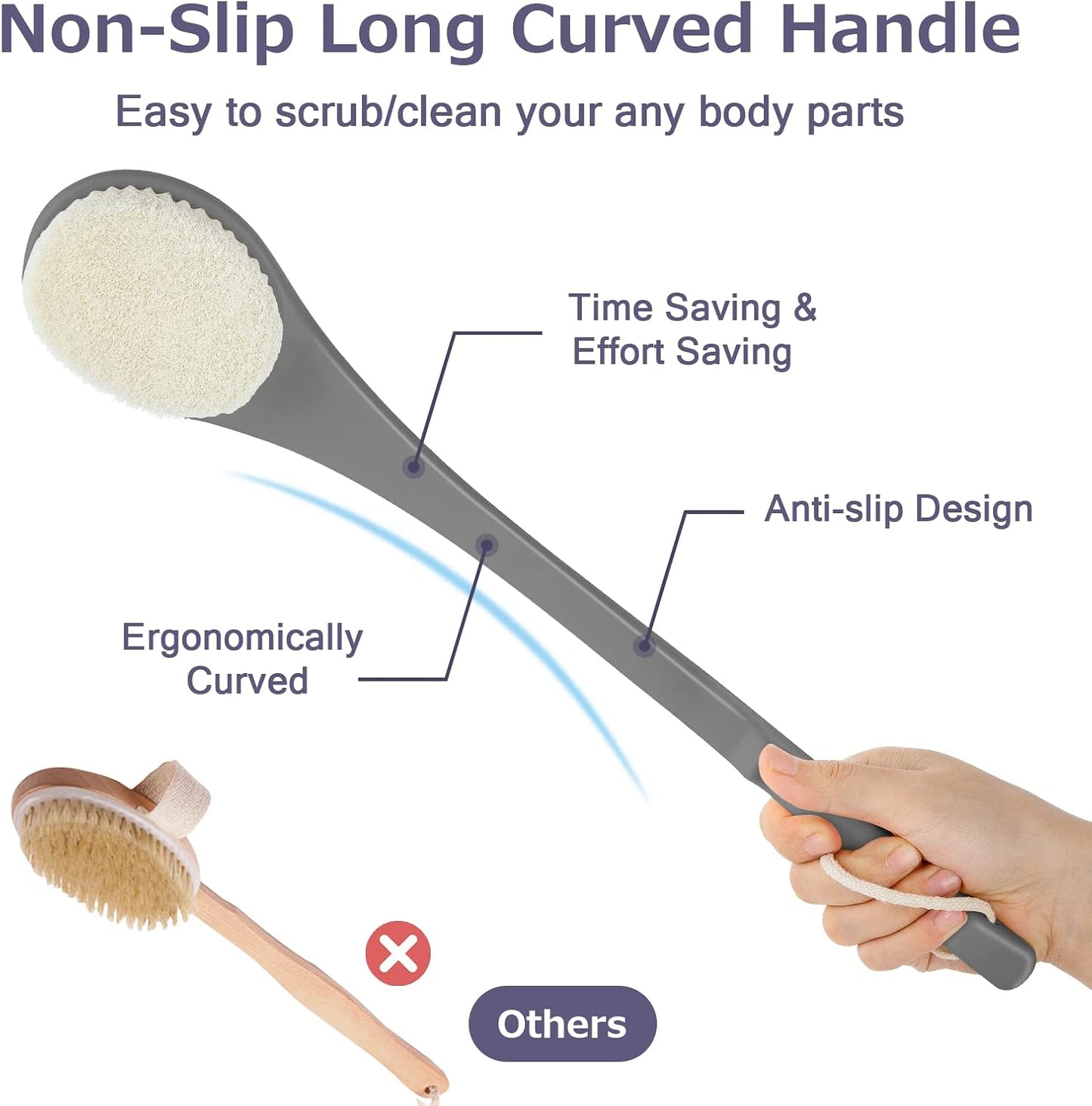 Body Back Scrubber – 17'' Long Handle Shower Brush, Durable Exfoliator for Dry & Wet Use, Deep Cleansing & Gentle Exfoliation for Smooth Skin – for Men, Women & Elderly (Gray)