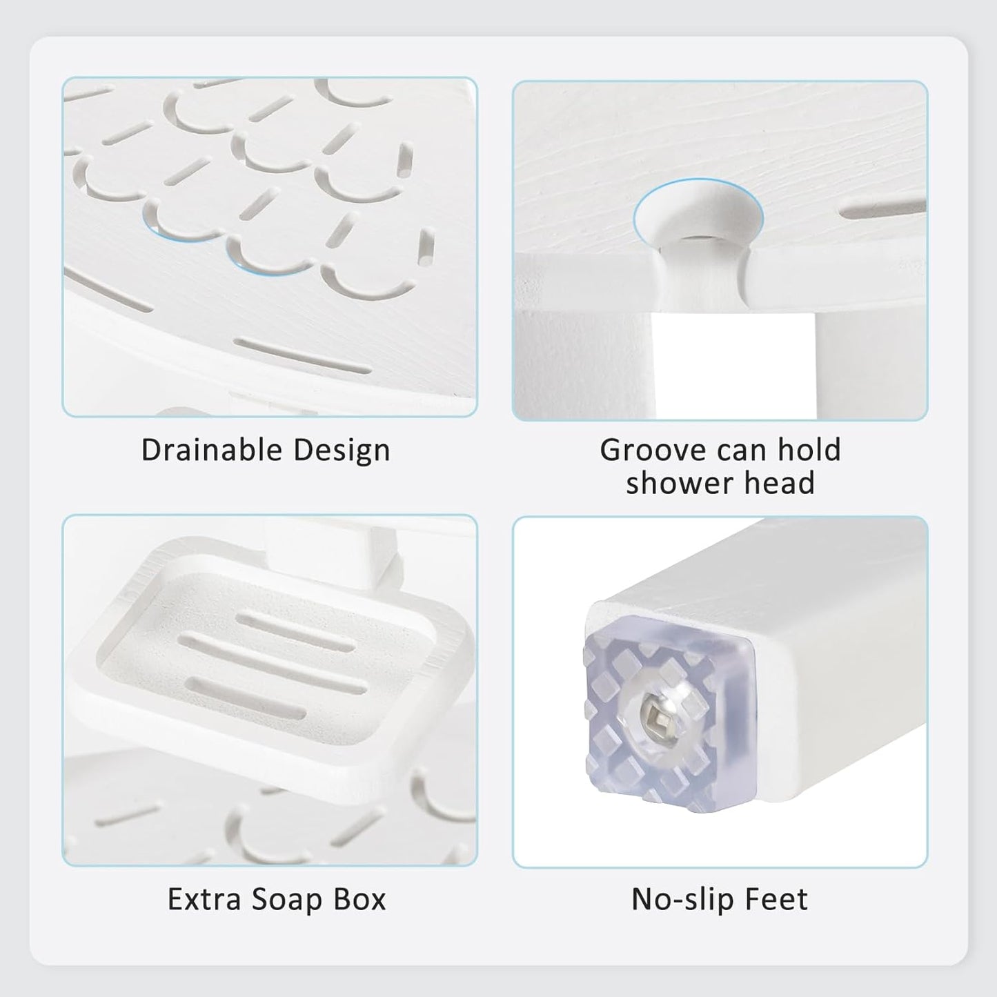 NALONE Corner Shower Stool, HDPE Shower Bench for Inside Shower, Small Shower Chair Seat for Shaving Legs with Storage Shelf, Soap Box and No-Slip Feet (White)