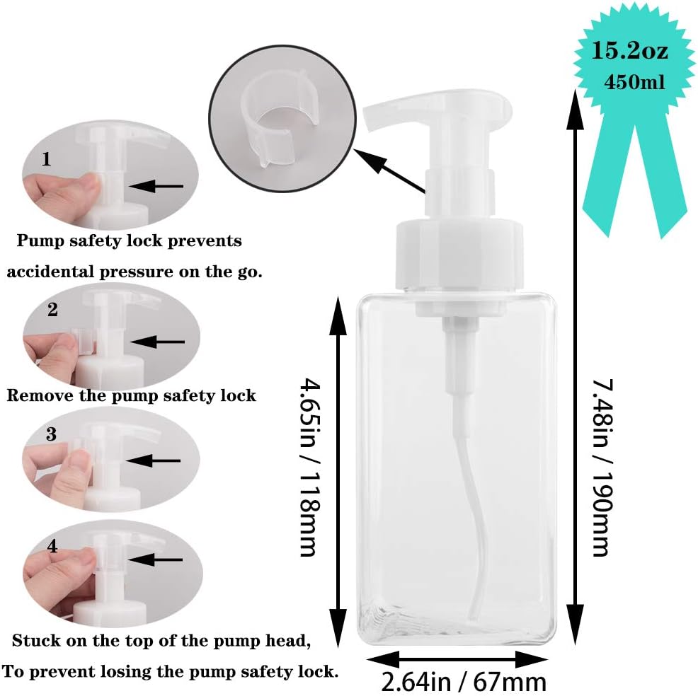 2 Pack Foaming Soap Dispenser 15oz Refillable Foam Liquid Hand Soap Empty Plastic Pump Bottle Container for Bathroom Vanities, Kitchen Sink, Hospital, Clinic, Clear 450ml
