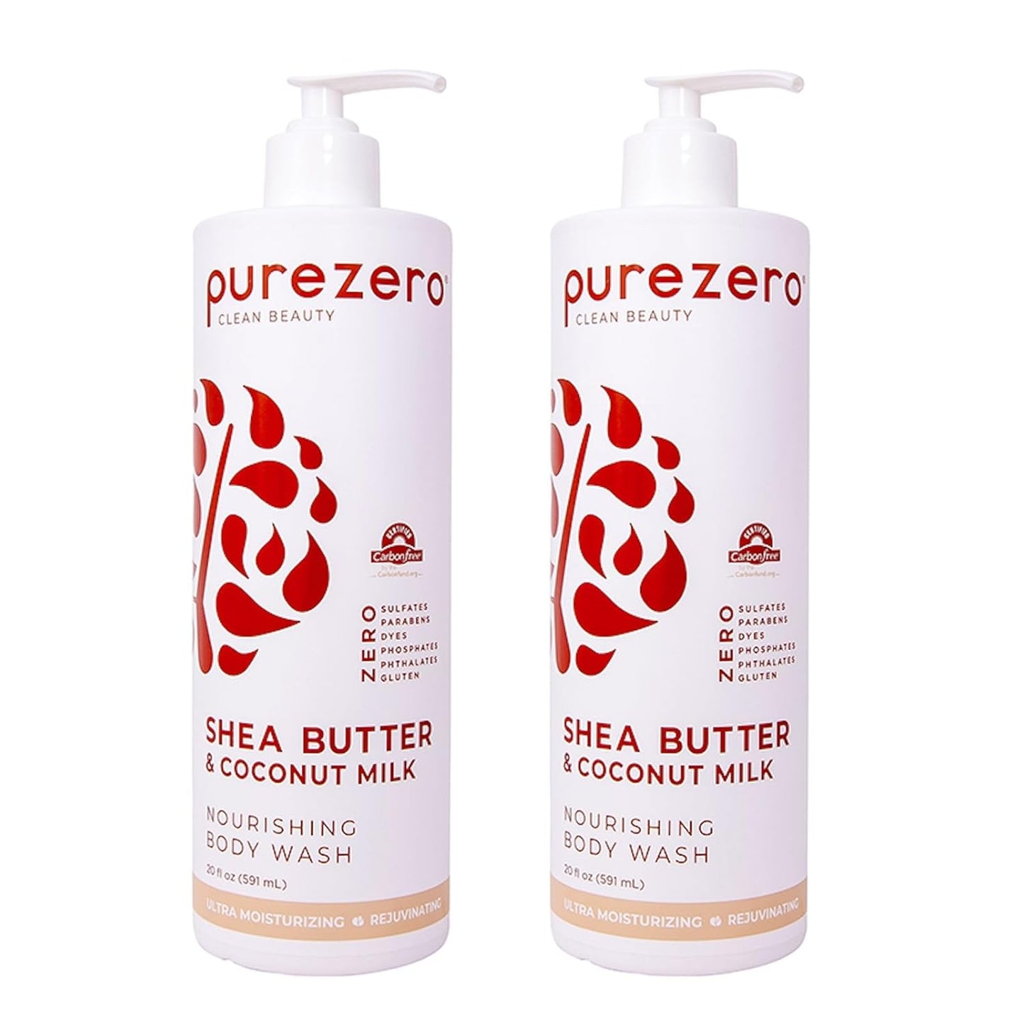 Purezero Shea Butter & Coconut Milk Body Wash, Leaves Skin Hydrated and Fresh, Maintain Elasticity and Smoothness, Zero Sulfates, Parabens, Dyes,100% Vegan & Cruelty-Free (20oz, 2 Pack)