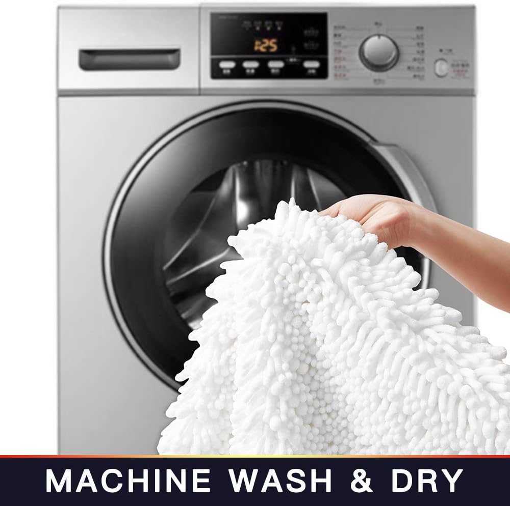 Walensee Bathroom Rug 2 Pieces Set Non Slip Bath Mat (20"x32" Plus 20"x32" White) Water Absorbent Super Soft Shaggy Chenille Machine Washable Dry Extra Thick Perfect Carpet for Shower Floor