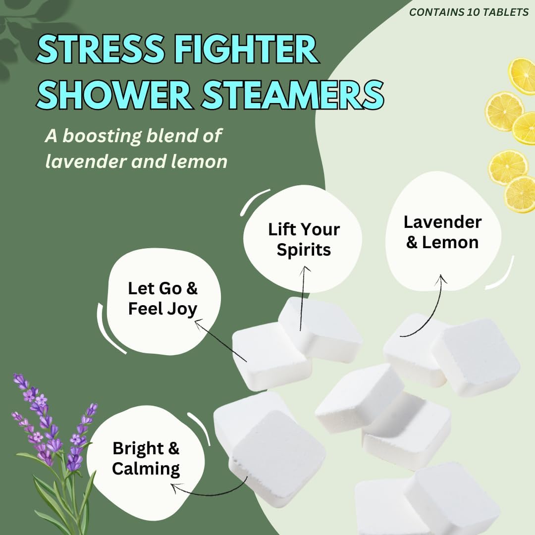 Stress Fighter Shower Steamers Aromatherapy for Relaxing - USA Made - Lavender & Lemon Shower Bomb Tablets – Christmas Gift - Adult Stocking Stuffer – Soothing Natural Essential Oils (10 Pack)