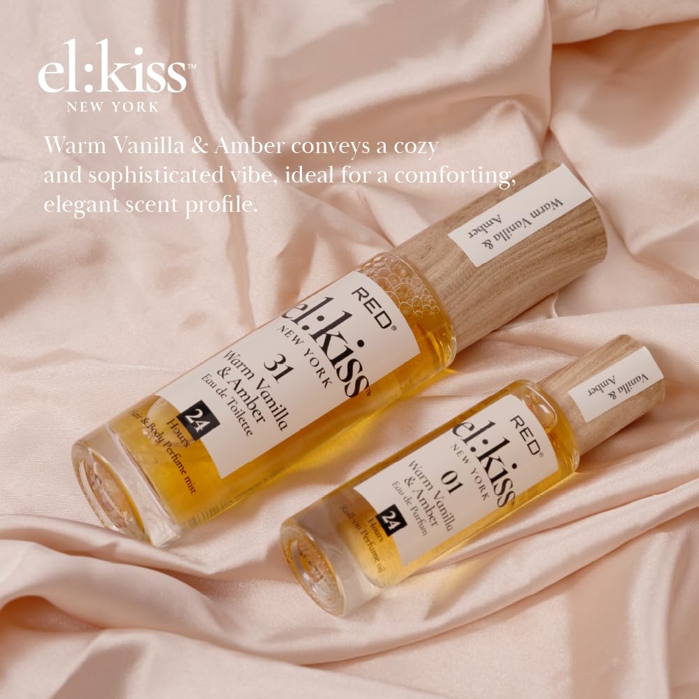 EL:KISS Hair Perfume & Body Mist, Warm Vanilla & Amber Eau de Toilette 30mL (1.01 Fl Oz), Hydrating & Long-Lasting, Alcohol-Free & Mineral Oil-Free, Infused with Jojoba, Argan Oil & Aloe Vera
