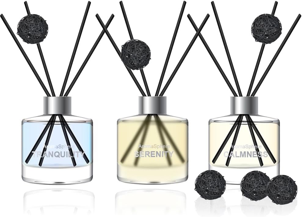Reed Diffuser Set of 3, Eucalyptus Jasmine Lemongrass Aromatherapy Fragrance Oil | 12 Black Reed Sticks and 6 Rattan Balls, 3 x 50ML | Home, Office, Bathroom, Bedroom Essentials | AromaSphere