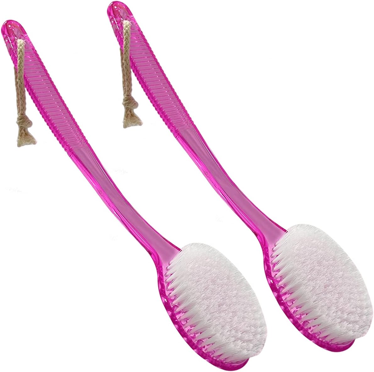Back Bath Brush - Curved Long Handle Shower Brush with Medium Stiff Bristles for Exfoliating Body, Back Scrubber for Men & Women (Pink 2 Pack)