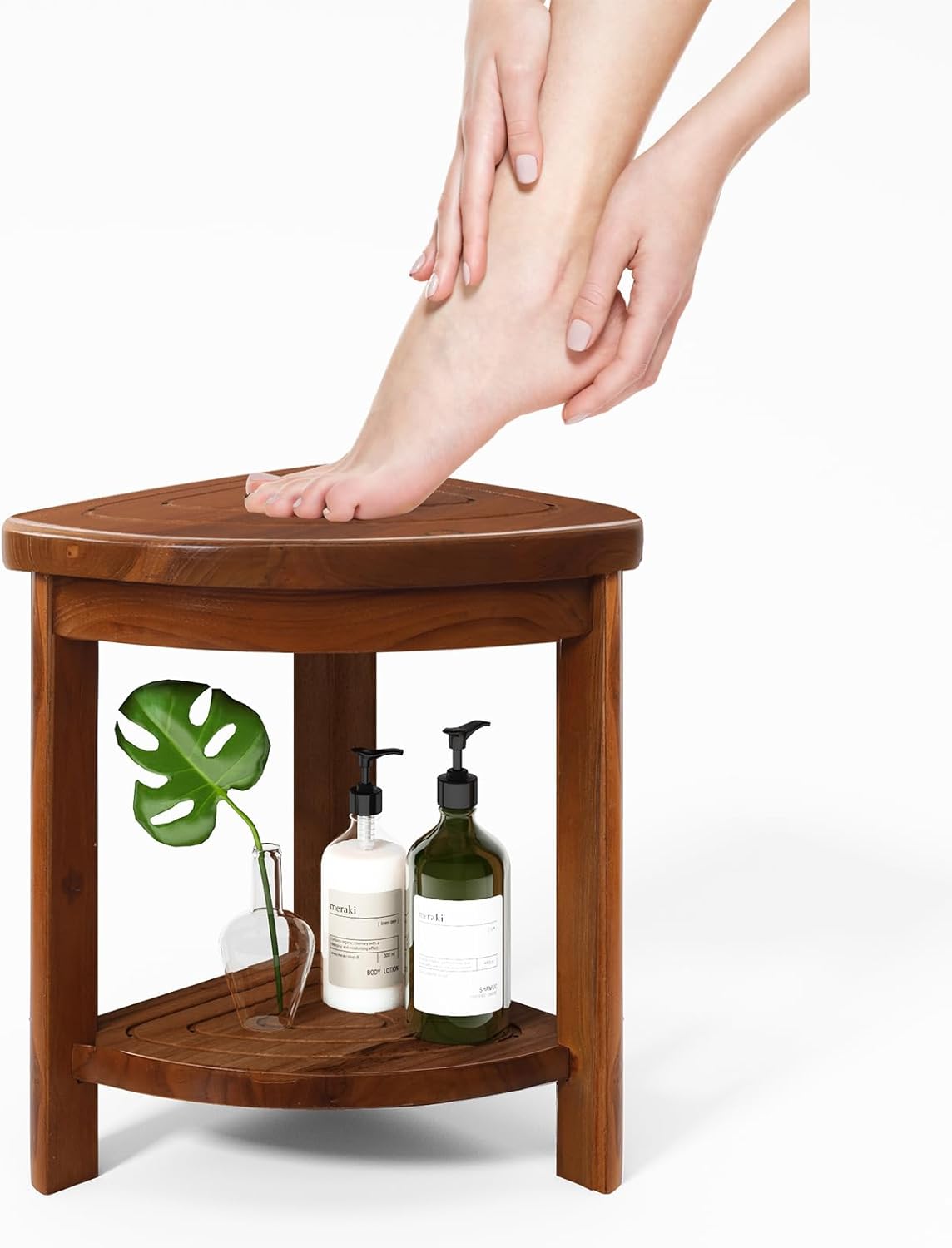 Solid Teak Shower Stool with Shelf for Shaving Legs, Small Corner Bench for Foot Rest, Heavy Duty Wood Bathseat Near Bathtub, Easy Assembly