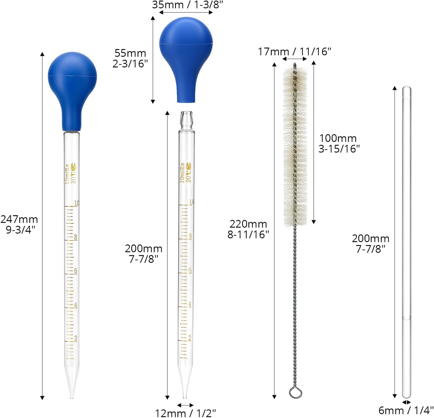 QWORK Glass Droppers Pipettes Graduated Lab Dropper Set, 10 ml Capacity with Large Rubber Caps Glass Liquid Pipette