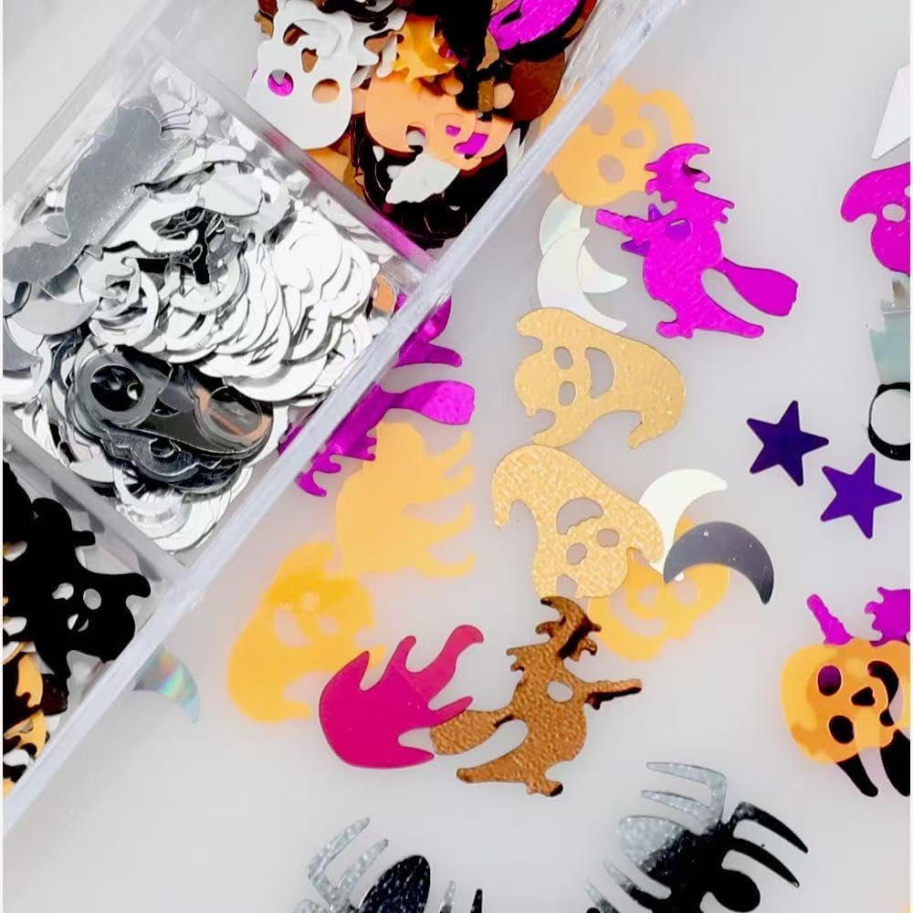 3 Boxes Halloween Nail Art Sequins 3D Holographic Spider Pumpkin Face Ghost Witch Skull Nail Art Glitter Sequins Halloween Nail Decoration Supplies for Women (36 Grids)