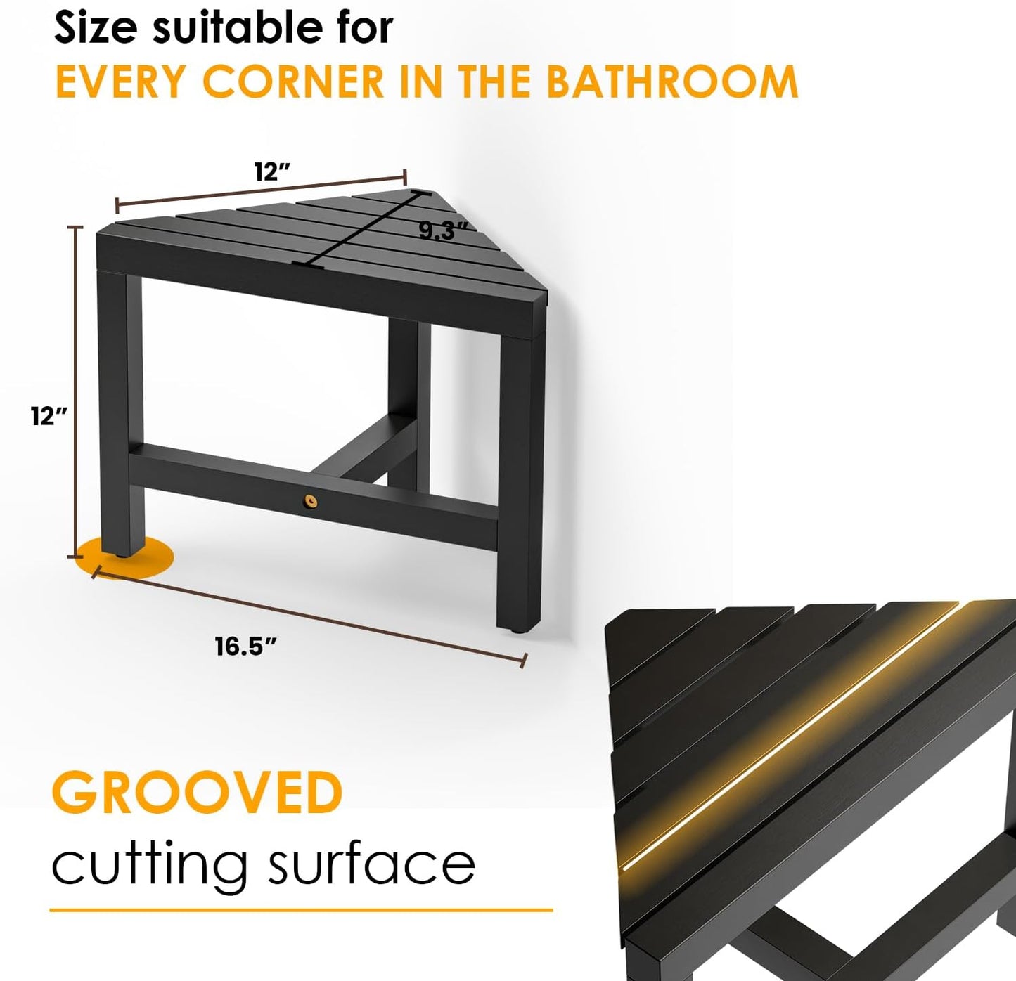 HOLANA 12" Acacia Shower Foot Rest - Wooden Shower Corner Stool Seat for Shaving Legs - Crossbar Corner Shower Benches for Inside Shower - Bath Step Stools Bench for Bathroom (Black)