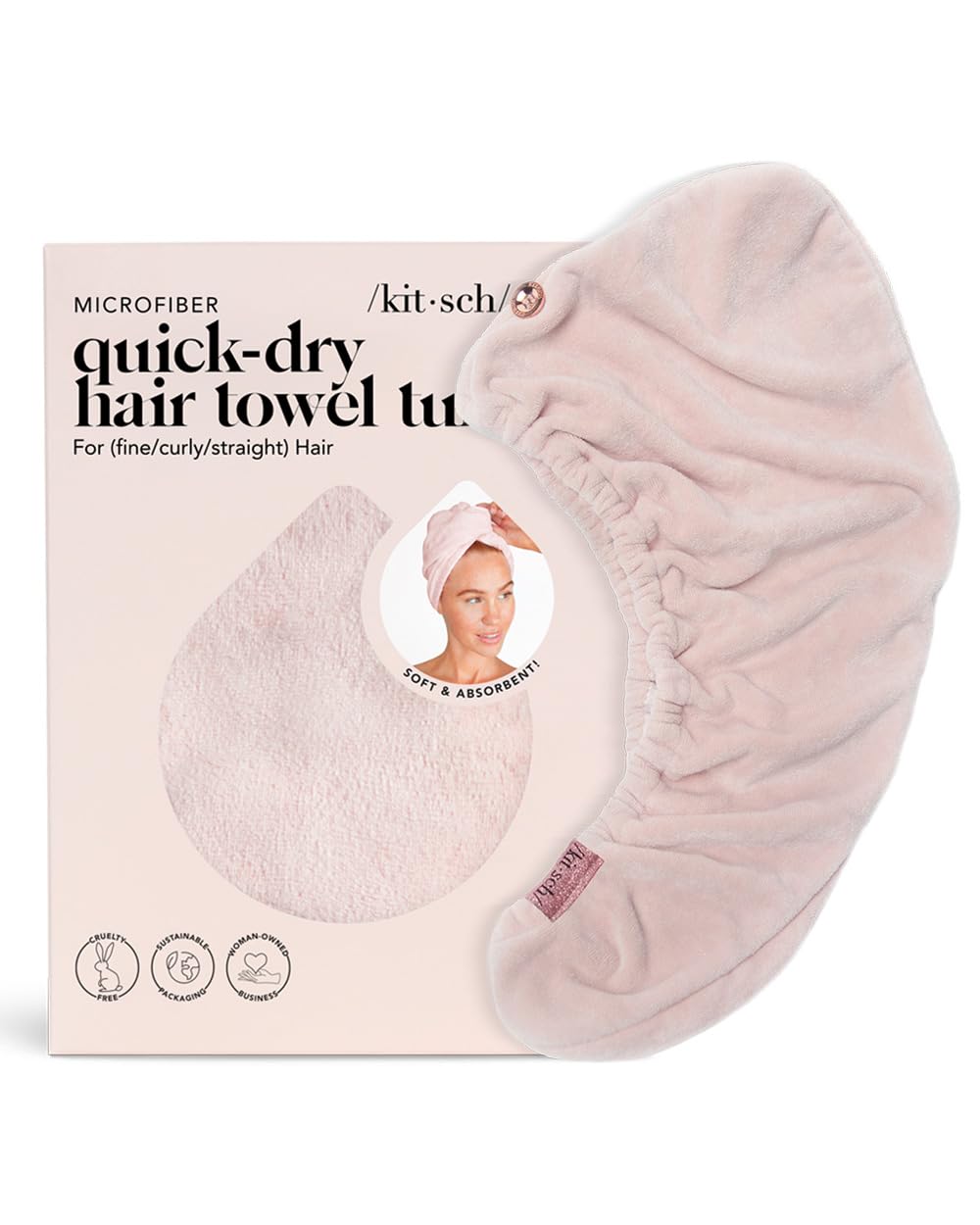 Kitsch Microfiber Hair Towel Wrap for Women - Super Absorbent Hair Drying Towel - Quick Dry, Anti-Frizz - for Long & Short, Wet & Curly Hair - Blush
