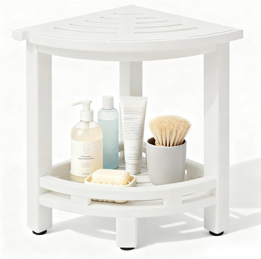 HDPE Corner Shower Stool for Shaving Legs, Waterproof Shower Stool with Storage Shelf for Bathroom,White