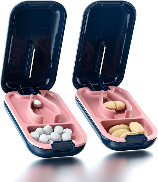 DUBSTAR Small Pill Cutter, Pill Cutter Splitter for Small and Tiny Pills, Portable Pretty Pill Cutters for Large Pills, Cuts Vitamins Tablets for Purse Pocket (2 PCS Pill Cutters, Blue+Blue)