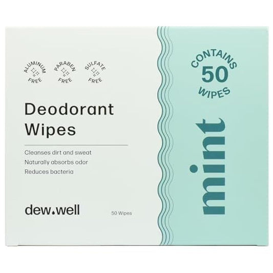 Dew Well Deodorant Wipes - Individually Wrapped Armpit Wipes & Purse Essentials - Sweat-Blocking Mini Deodorant - Compact Tissue Packs & Travel Accessories - 50 Count, Mint
