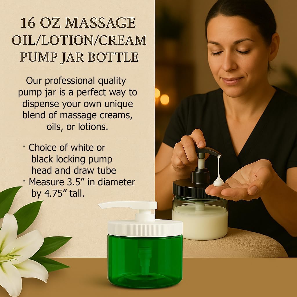 Royal Massage 16oz Refillable Pump Jar with Locking Dip Tube Dispenser – BPA-Free Plastic Container for Massage Oils, Lotions, Creams – Ribbed Lid Wide-Mouth Jar – Durable & Reusable (Clear/Black, 12)
