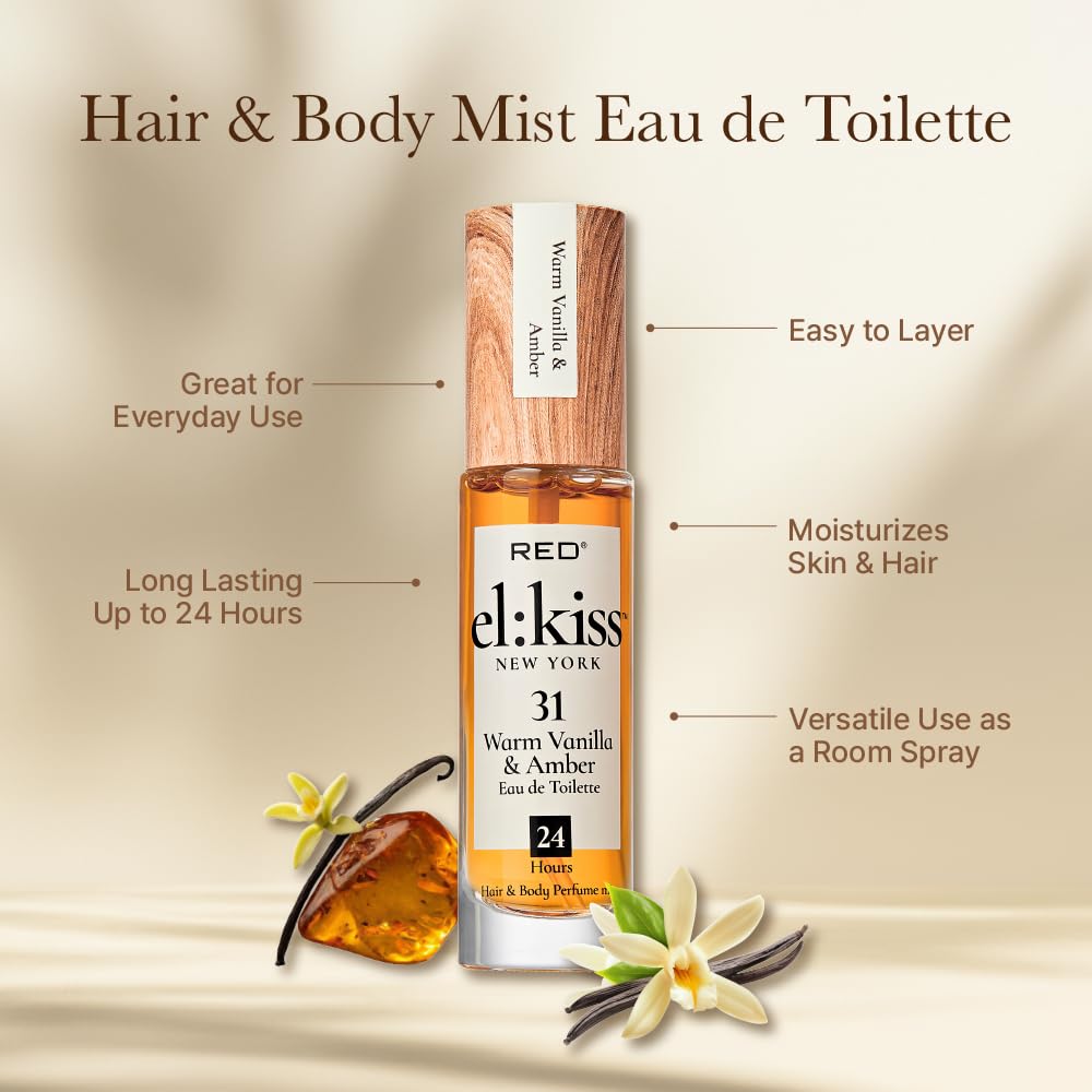 EL:KISS Hair Perfume & Body Mist, Warm Vanilla & Amber Eau de Toilette 30mL (1.01 Fl Oz), Hydrating & Long-Lasting, Alcohol-Free & Mineral Oil-Free, Infused with Jojoba, Argan Oil & Aloe Vera