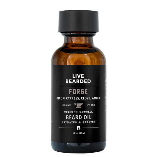 Live Bearded Beard Oil, 1 fl oz - Premium All-Natural Jojoba - Made in the USA - Hair and Skin Care for Men with Dry, Flaky Patches | Forge Scent - Hinoki Cypress, Clove, Amber