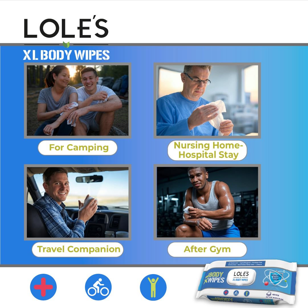 LOLE'S Body Wipes XL - Wet Wipes for Adults, 192 Count - 4 x 48, Adults No Shower, Adult Bed Bath, Incontinence Wipes Large & Fresh, Paraben Free, Ideal for Camping, Gym, Travel, Hospital
