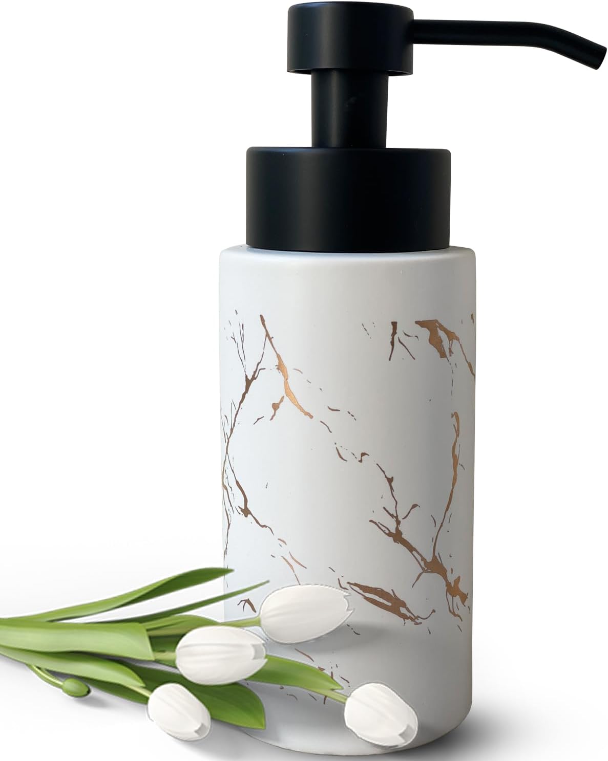 9.5 Oz Foaming Soap Dispenser for Bathroom,Kitchen Foam Soap Dispenser,Refillable Modern Foam Pump Bottle,Black Ceramic Foaming Hand Pump Dispenser (White Marble)