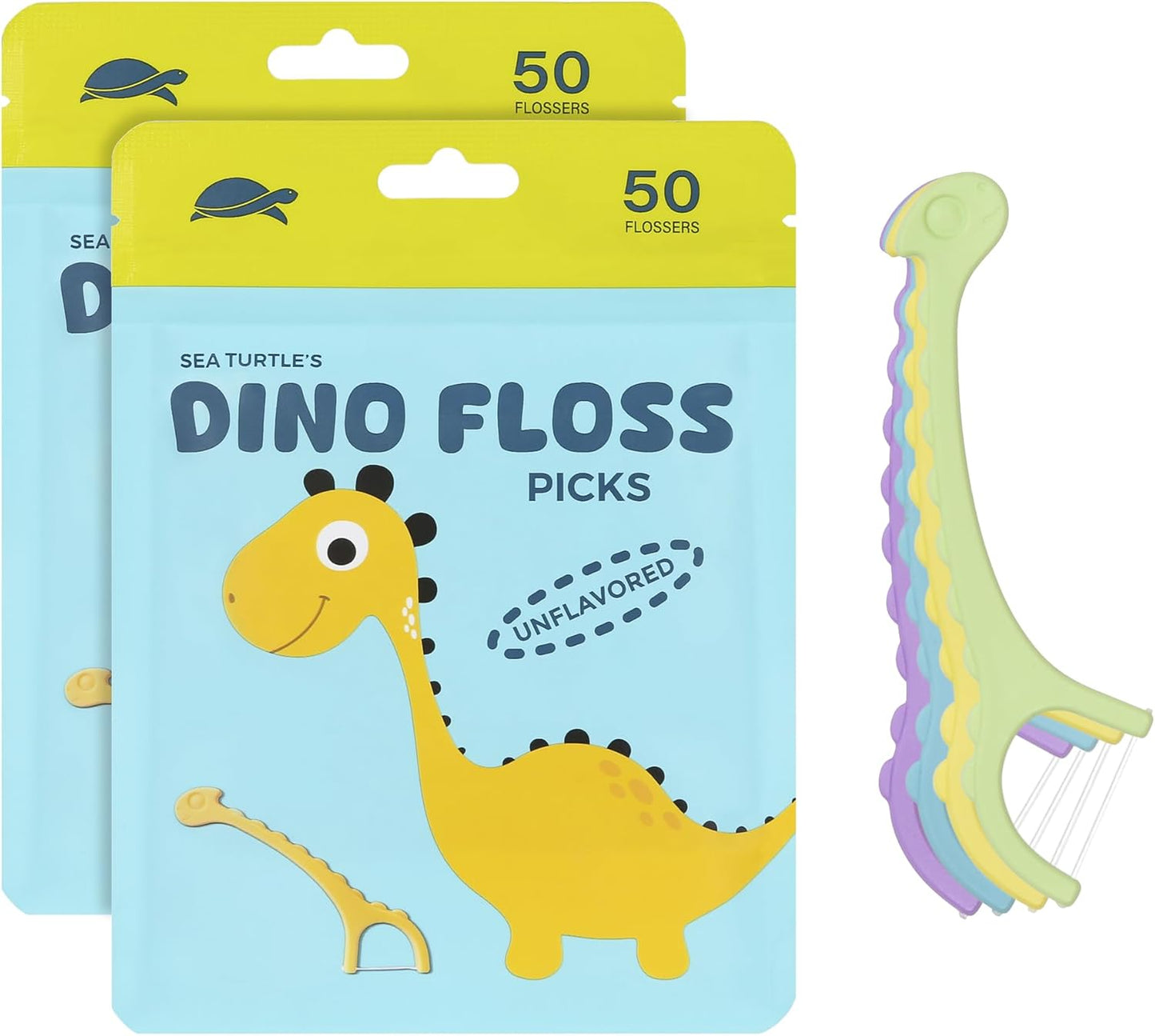 Sea Turtle Kids Dino Floss Picks - Corn Starch Handle - Thin Thread Tooth Dental Flossers - Unflavored (100)