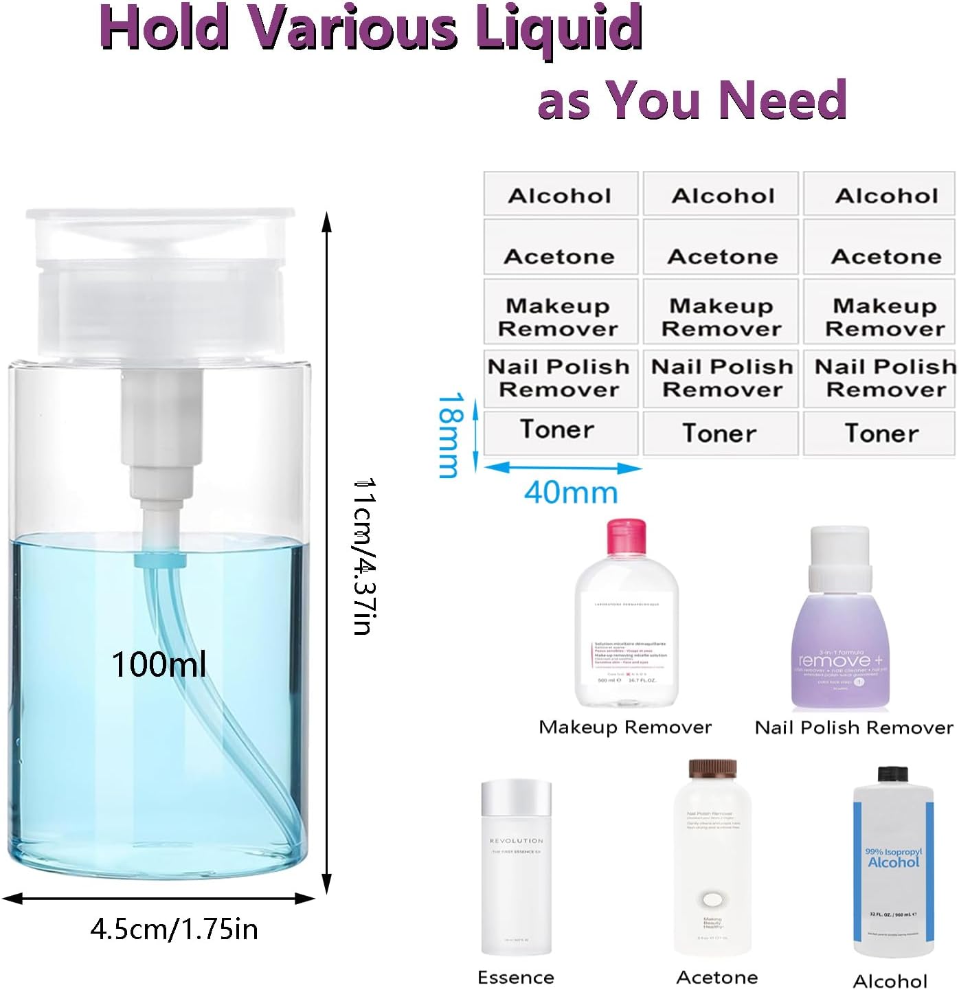 Push Down Pump Dispenser, 3.4oz Clear Pump Bottles with Alcohol, Acetone, Nail Polish Remover, Makeup Remover, Toner Stickers Empty Push Top Container for Liquid (100ml-4Pack)