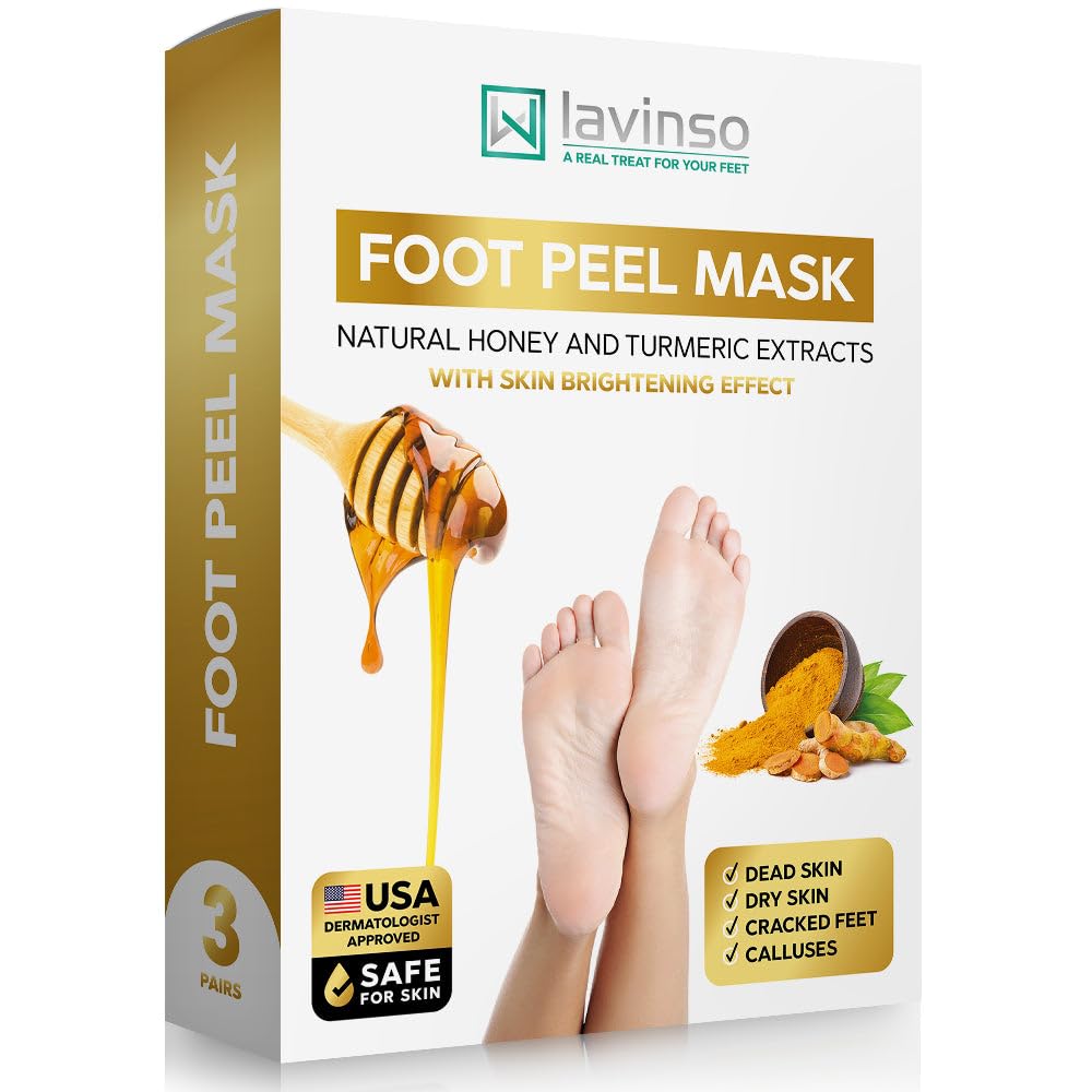 Lavinso Honey Foot Exfoliator Peeling Mask for Dry Cracked Feet - 3 Pack - Remove Dead Skin and Callus - Foot Peel Mask for Baby Soft Feet