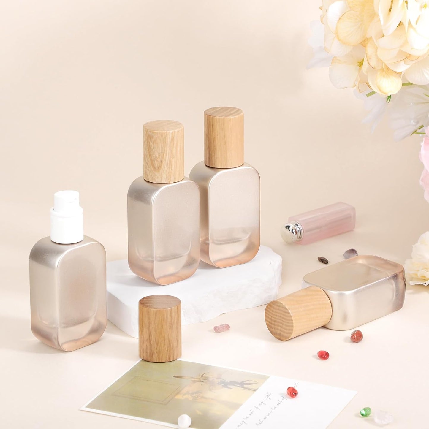 Segbeauty 1oz Glass Pump Bottle Dispenser for Essential Oils, 4pcs Mini Travel Lotion Container, 30ml Liquid Travel Foundation Container Leakproof, Silver Small Glass Bottles for Skincare Cosmetics