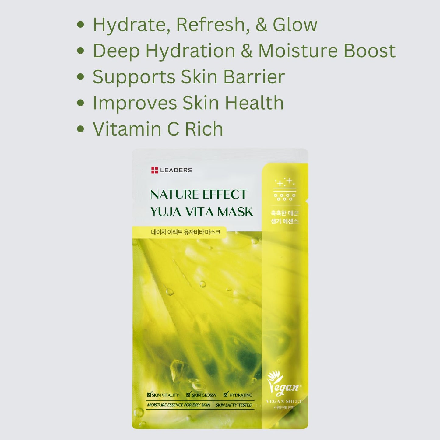 LEADERS Nature Effect Yuja Vita Mask - Helps Hydrate Skin, Serum Content, Vegan Certified - 10 Sheets