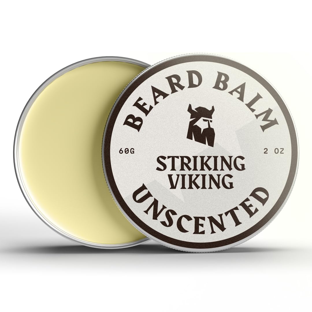 Striking Viking Beard Balm for Men & Mustache Balm with Shea Butter & Argan Oil - 2 oz, Light Hold - Fragrance Free Beard Conditioner & Softener - Softens & Shapes with Tea Tree & Jojoba Oils