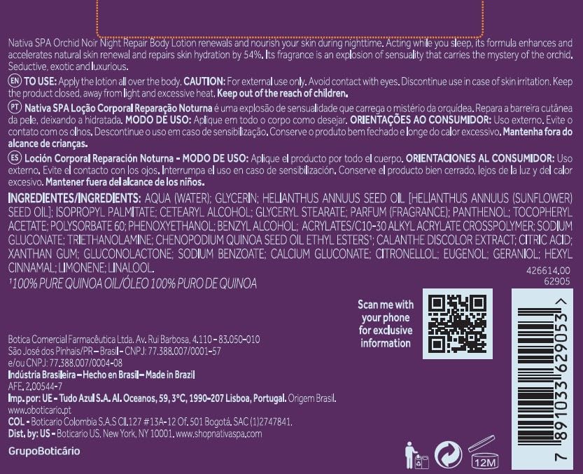 Nativa SPA by O Boticário, Orchid Noir Moisturizing Body Lotion, Fragranced Skin Hydration with Purified Quinoa Oil Drops, 13.5 Ounce (400ml)